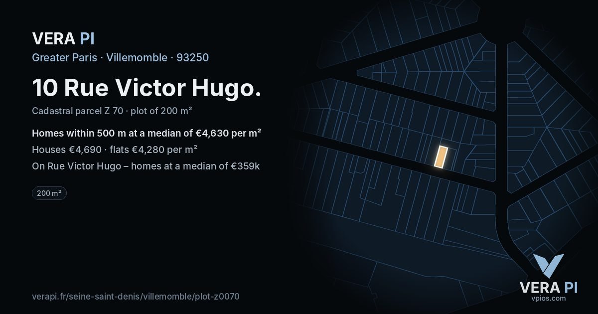 10 Rue Victor Hugo, Villemomble at night – the plot lit, the parcels around coloured by the prices near them