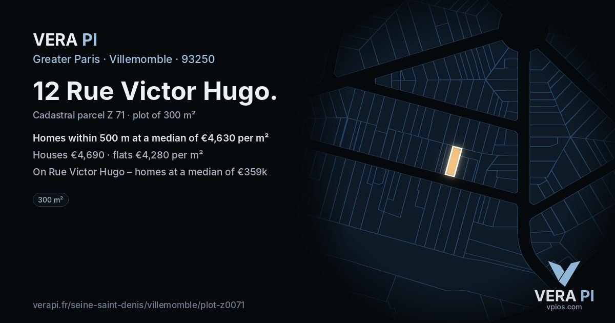 12 Rue Victor Hugo, Villemomble at night – the plot lit, the parcels around coloured by the prices near them