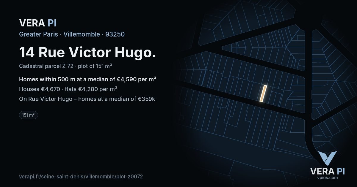 14 Rue Victor Hugo, Villemomble at night – the plot lit, the parcels around coloured by the prices near them