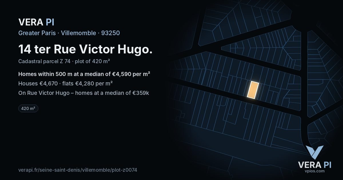 14 ter Rue Victor Hugo, Villemomble at night – the plot lit, the parcels around coloured by the prices near them
