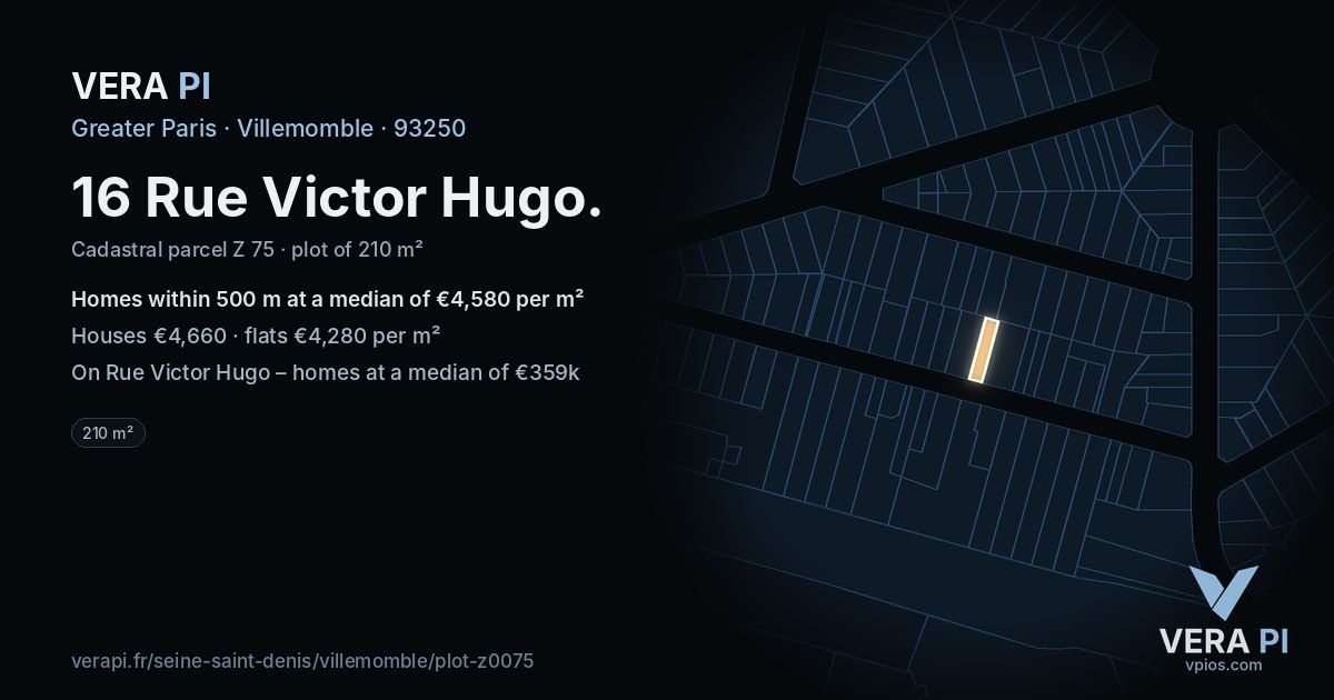 16 Rue Victor Hugo, Villemomble at night – the plot lit, the parcels around coloured by the prices near them