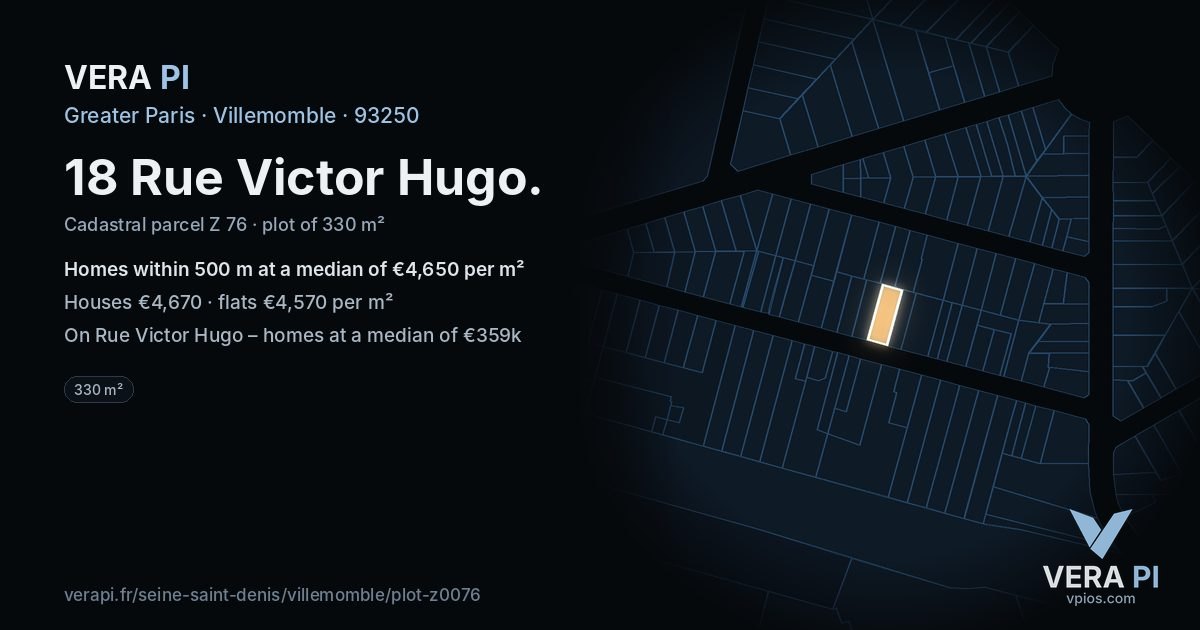 18 Rue Victor Hugo, Villemomble at night – the plot lit, the parcels around coloured by the prices near them