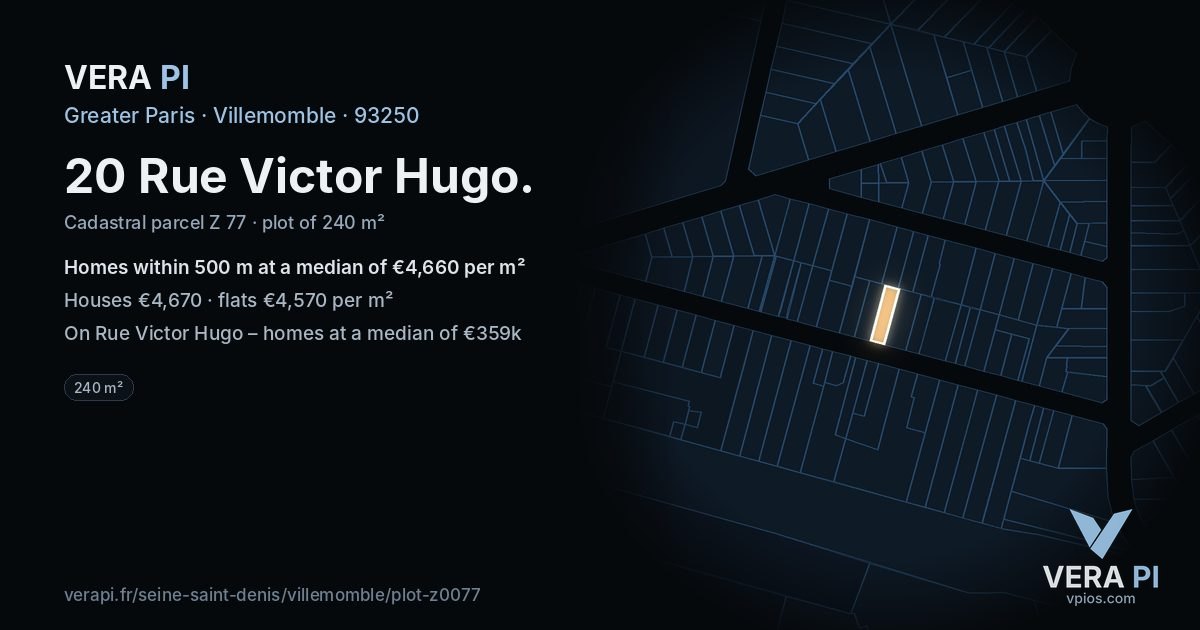 20 Rue Victor Hugo, Villemomble at night – the plot lit, the parcels around coloured by the prices near them