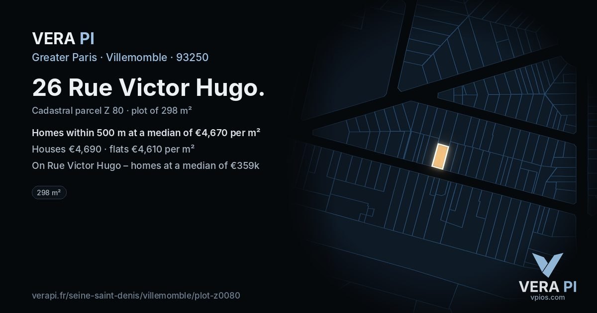26 Rue Victor Hugo, Villemomble at night – the plot lit, the parcels around coloured by the prices near them