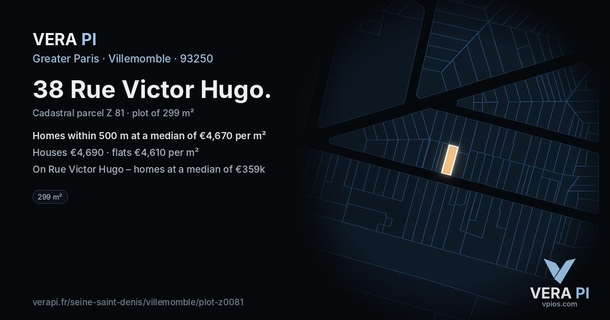 38 Rue Victor Hugo, Villemomble at night – the plot lit, the parcels around coloured by the prices near them