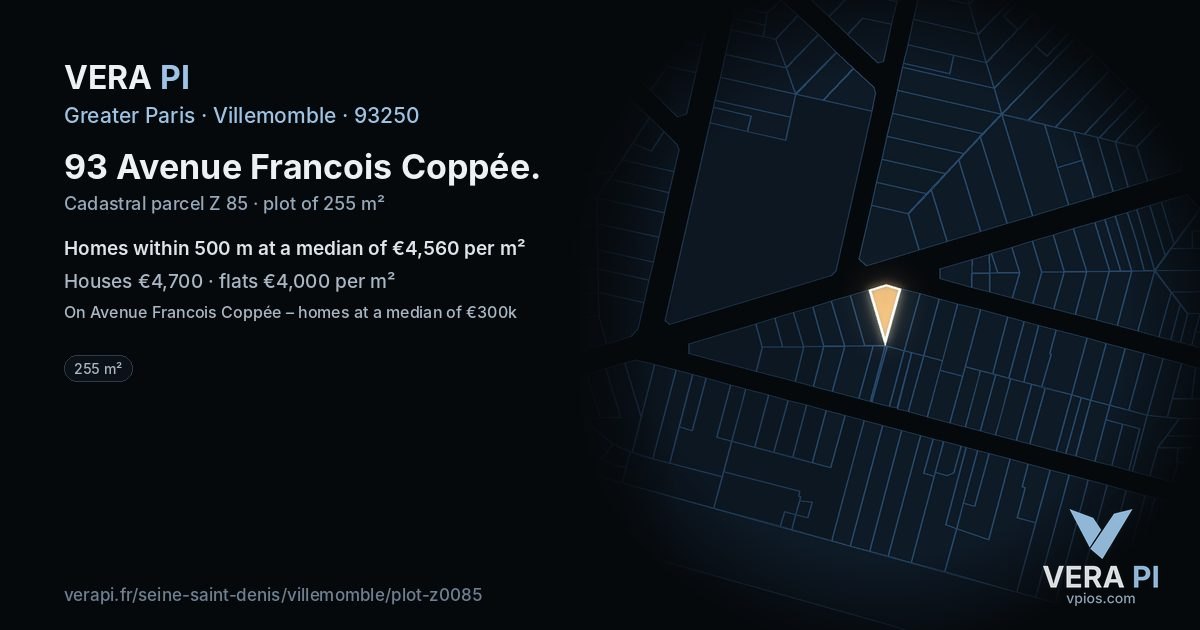 93 Avenue Francois Coppée, Villemomble at night – the plot lit, the parcels around coloured by the prices near them