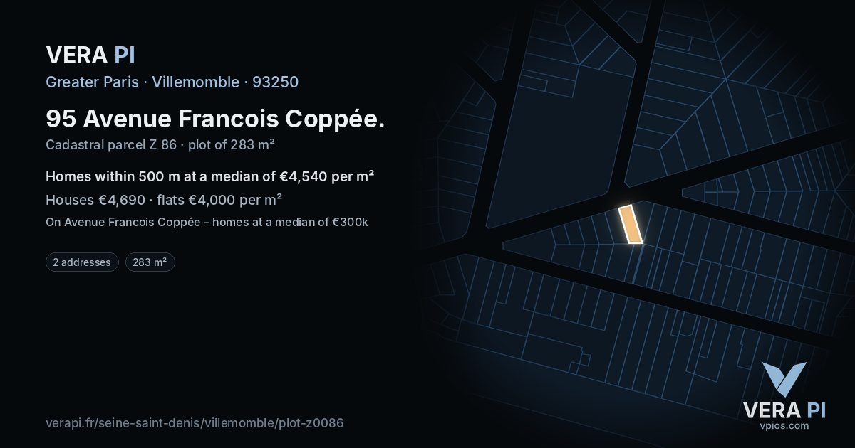 95 Avenue Francois Coppée, Villemomble at night – the plot lit, the parcels around coloured by the prices near them