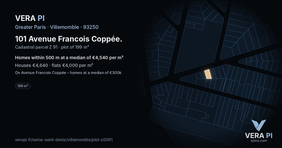 101 Avenue Francois Coppée, Villemomble at night – the plot lit, the parcels around coloured by the prices near them