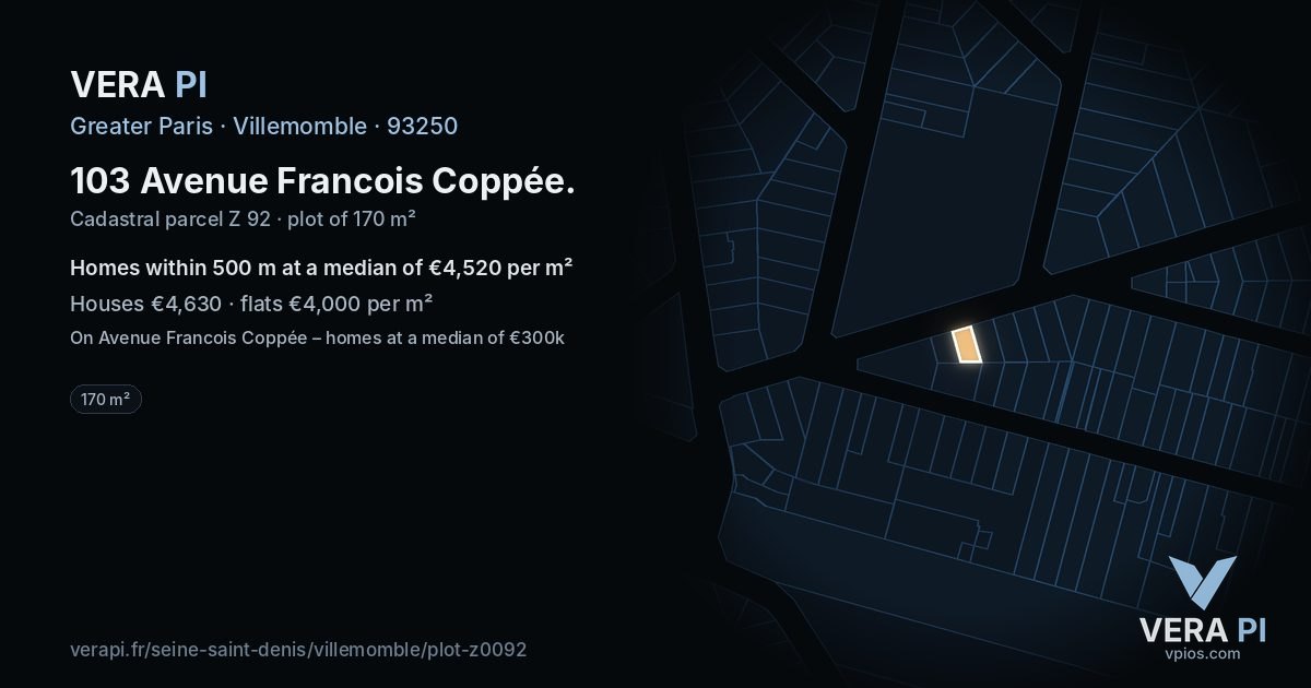 103 Avenue Francois Coppée, Villemomble at night – the plot lit, the parcels around coloured by the prices near them
