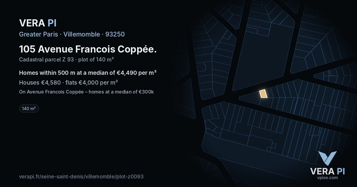 105 Avenue Francois Coppée, Villemomble at night – the plot lit, the parcels around coloured by the prices near them