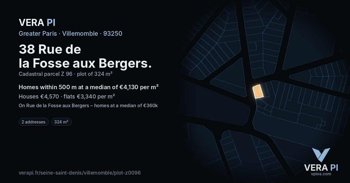 38 Rue de la Fosse aux Bergers, Villemomble at night – the plot lit, the parcels around coloured by the prices near them