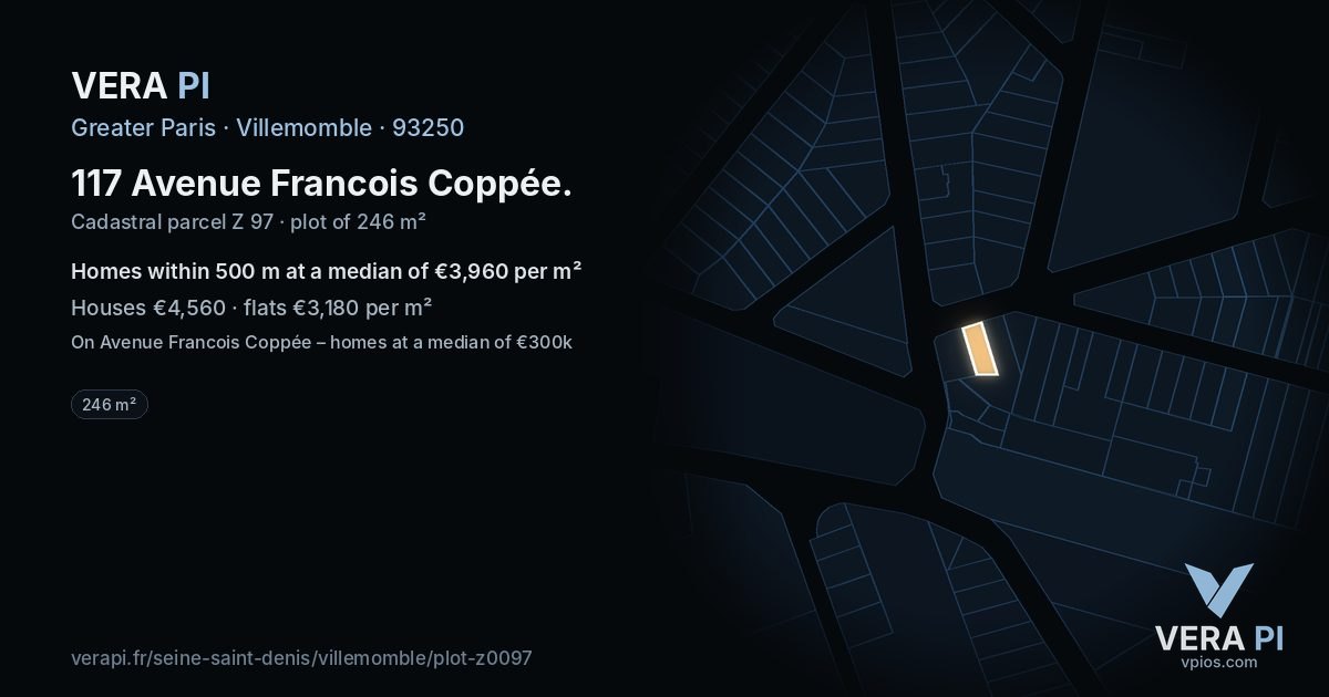 117 Avenue Francois Coppée, Villemomble at night – the plot lit, the parcels around coloured by the prices near them