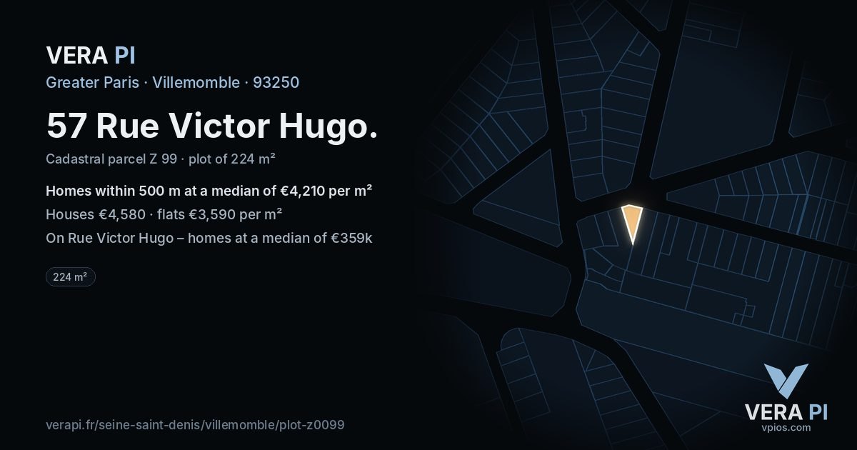 57 Rue Victor Hugo, Villemomble at night – the plot lit, the parcels around coloured by the prices near them