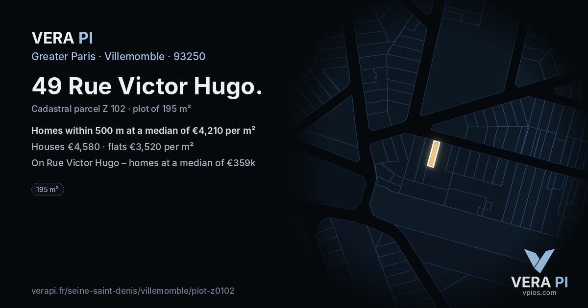 49 Rue Victor Hugo, Villemomble at night – the plot lit, the parcels around coloured by the prices near them