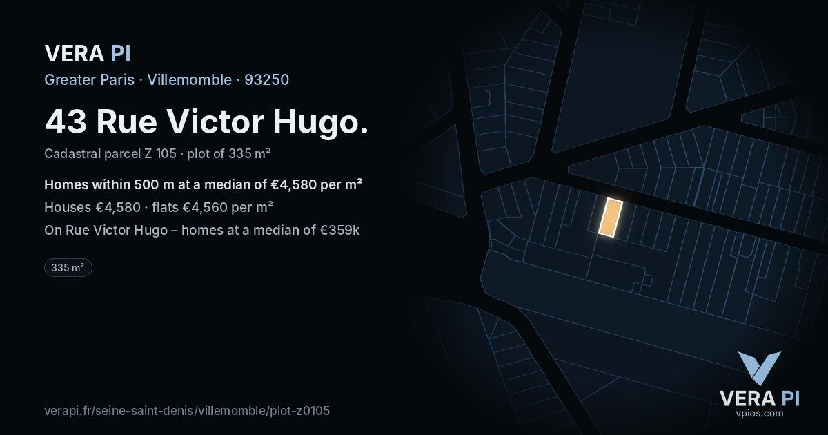 43 Rue Victor Hugo, Villemomble at night – the plot lit, the parcels around coloured by the prices near them