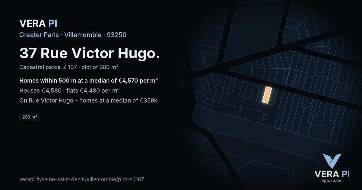 37 Rue Victor Hugo, Villemomble at night – the plot lit, the parcels around coloured by the prices near them