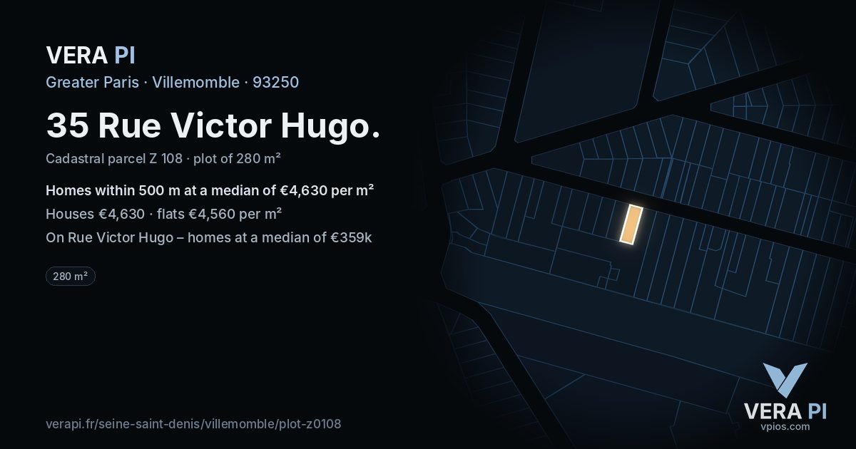 35 Rue Victor Hugo, Villemomble at night – the plot lit, the parcels around coloured by the prices near them