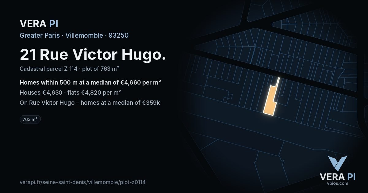 21 Rue Victor Hugo, Villemomble at night – the plot lit, the parcels around coloured by the prices near them