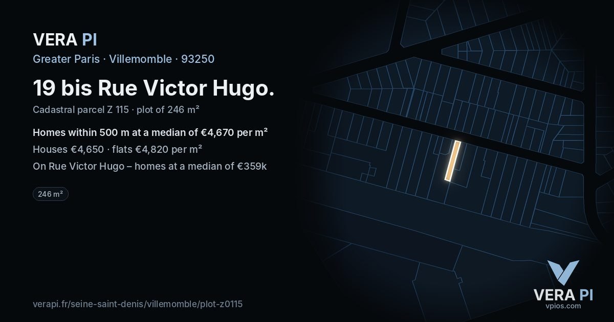 19 bis Rue Victor Hugo, Villemomble at night – the plot lit, the parcels around coloured by the prices near them