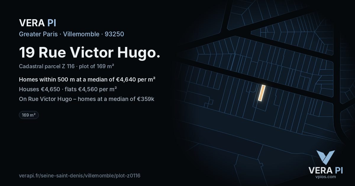 19 Rue Victor Hugo, Villemomble at night – the plot lit, the parcels around coloured by the prices near them