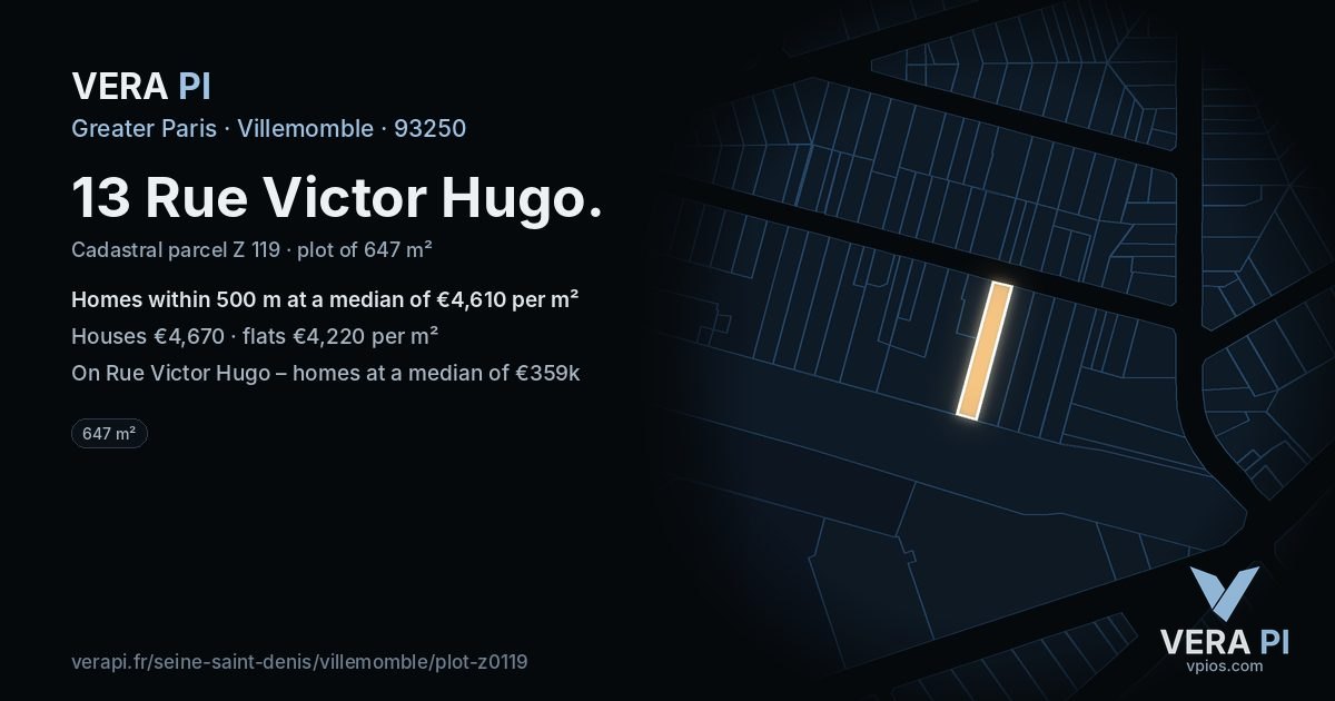13 Rue Victor Hugo, Villemomble at night – the plot lit, the parcels around coloured by the prices near them