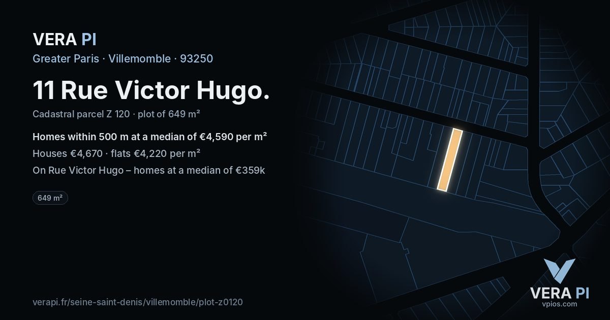 11 Rue Victor Hugo, Villemomble at night – the plot lit, the parcels around coloured by the prices near them