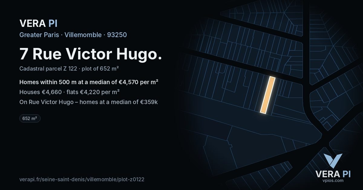 7 Rue Victor Hugo, Villemomble at night – the plot lit, the parcels around coloured by the prices near them
