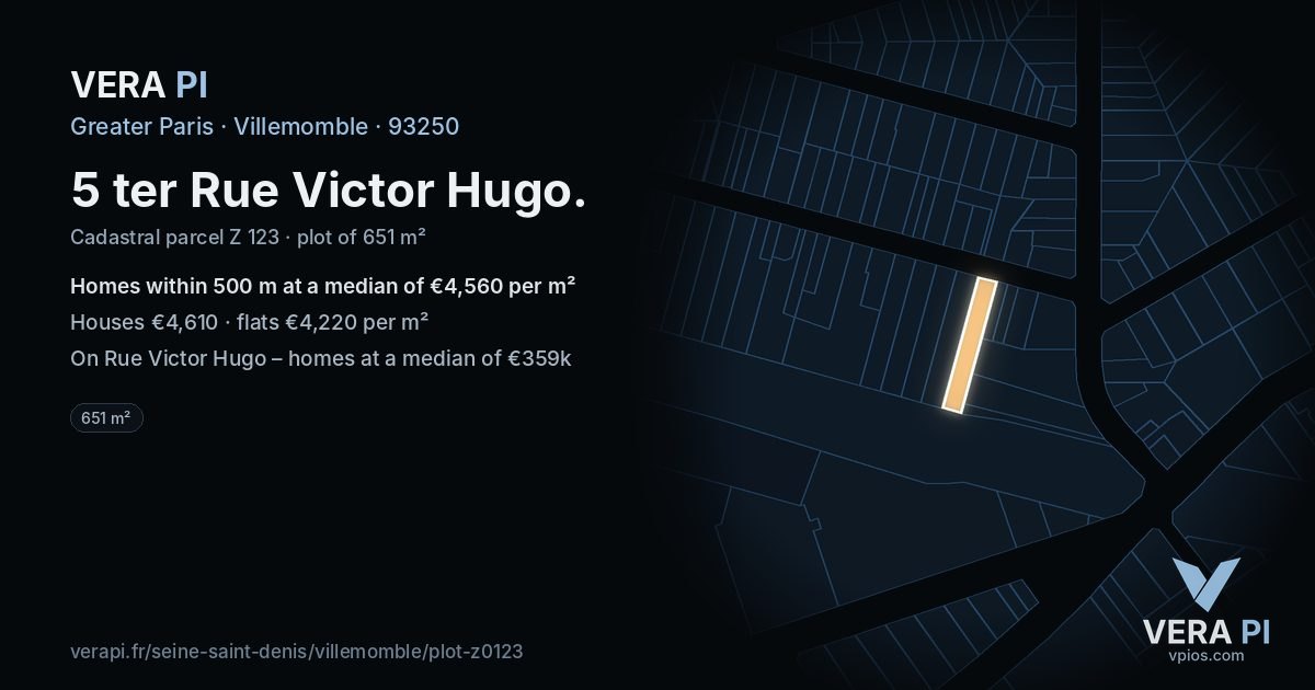 5 ter Rue Victor Hugo, Villemomble at night – the plot lit, the parcels around coloured by the prices near them