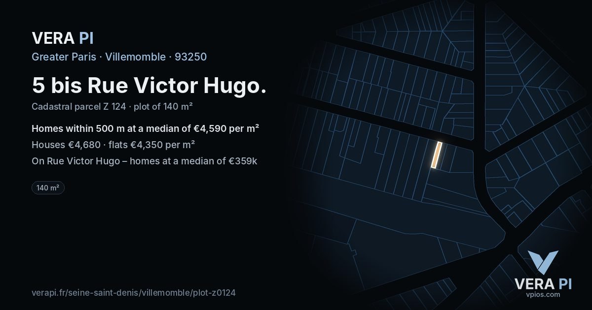 5 bis Rue Victor Hugo, Villemomble at night – the plot lit, the parcels around coloured by the prices near them