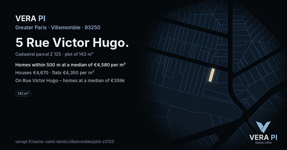 5 Rue Victor Hugo, Villemomble at night – the plot lit, the parcels around coloured by the prices near them