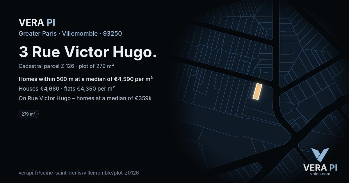 3 Rue Victor Hugo, Villemomble at night – the plot lit, the parcels around coloured by the prices near them