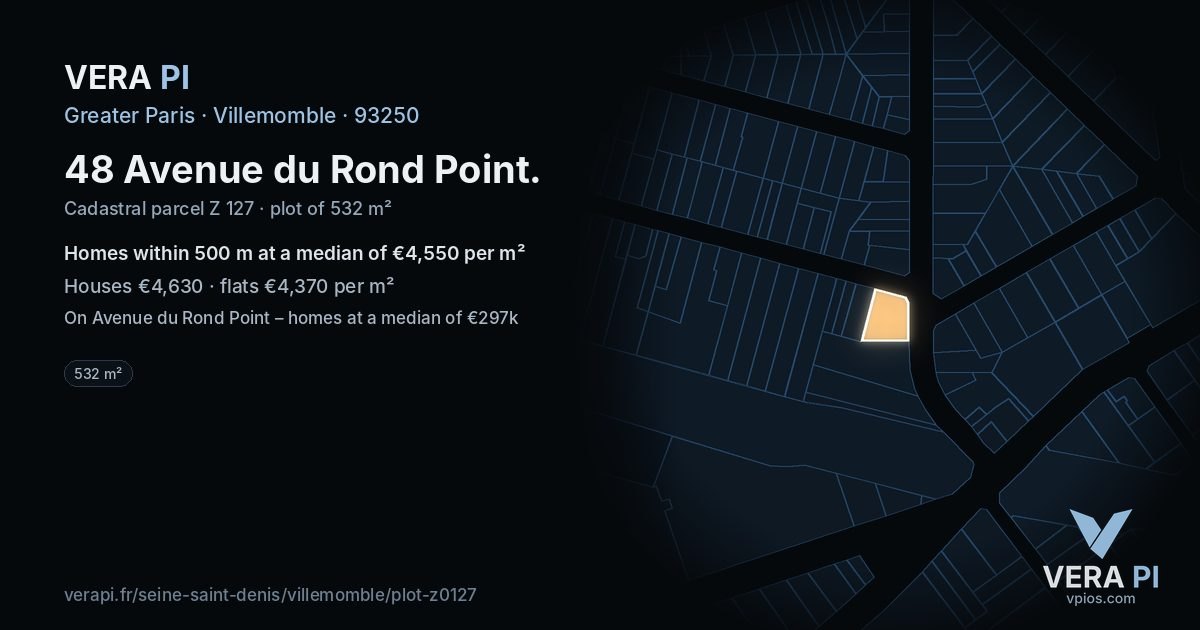 48 Avenue du Rond Point, Villemomble at night – the plot lit, the parcels around coloured by the prices near them