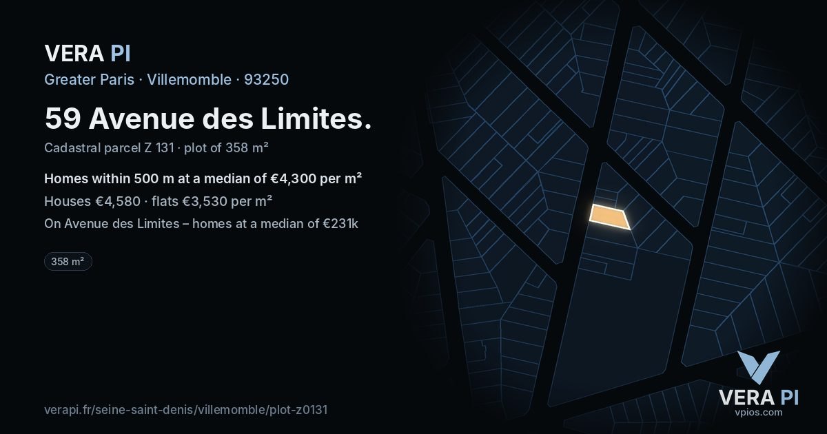 59 Avenue des Limites, Villemomble at night – the plot lit, the parcels around coloured by the prices near them