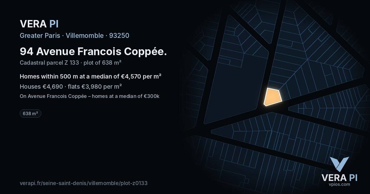 94 Avenue Francois Coppée, Villemomble at night – the plot lit, the parcels around coloured by the prices near them