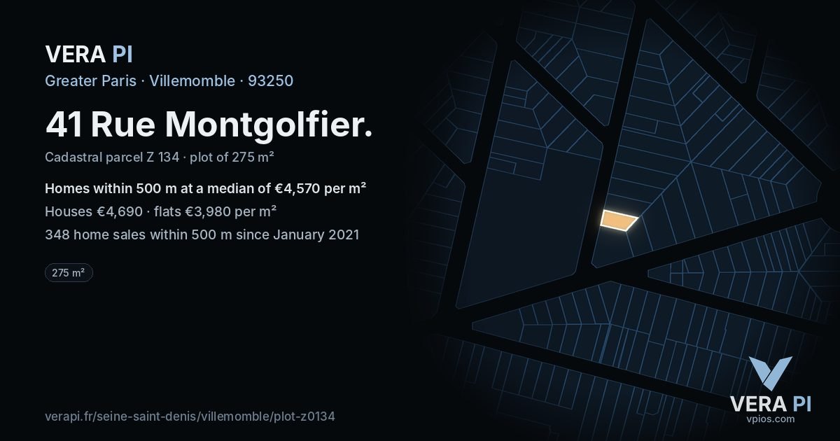 41 Rue Montgolfier, Villemomble at night – the plot lit, the parcels around coloured by the prices near them
