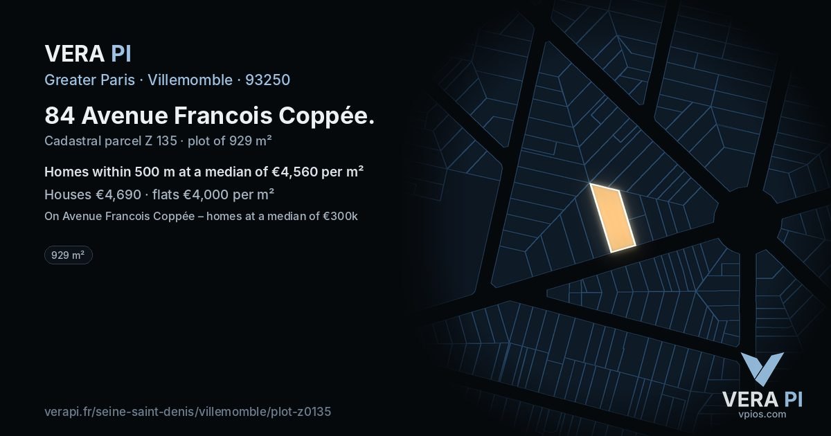 84 Avenue Francois Coppée, Villemomble at night – the plot lit, the parcels around coloured by the prices near them
