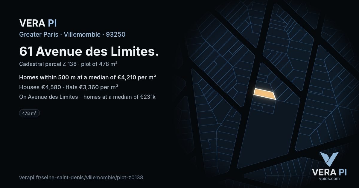61 Avenue des Limites, Villemomble at night – the plot lit, the parcels around coloured by the prices near them
