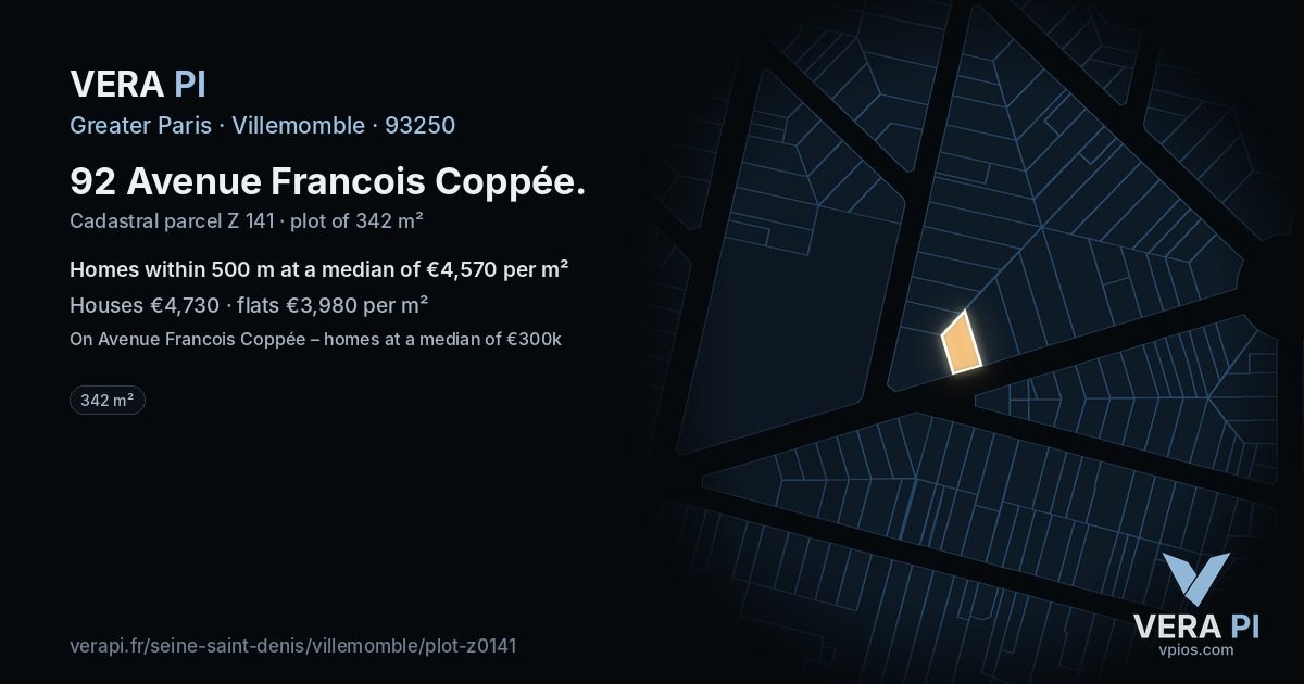 92 Avenue Francois Coppée, Villemomble at night – the plot lit, the parcels around coloured by the prices near them