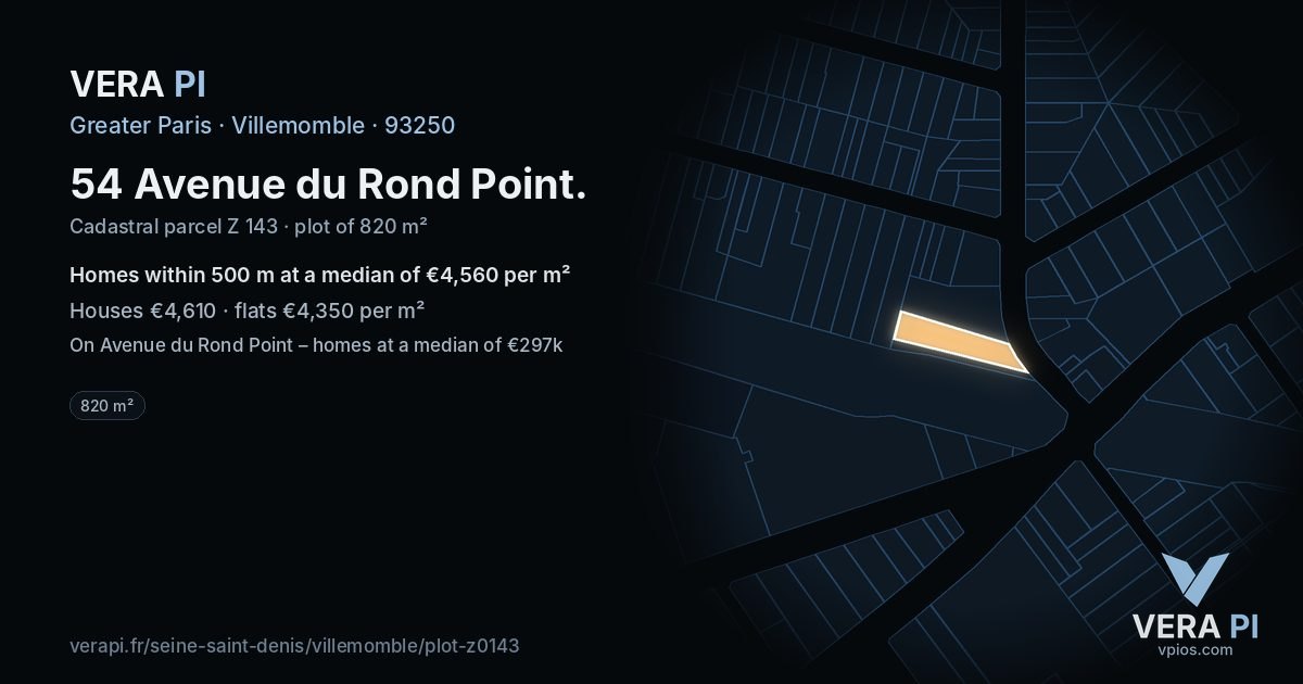54 Avenue du Rond Point, Villemomble at night – the plot lit, the parcels around coloured by the prices near them