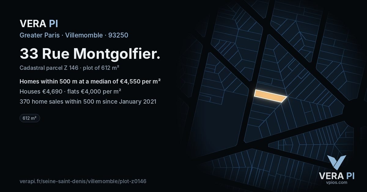 33 Rue Montgolfier, Villemomble at night – the plot lit, the parcels around coloured by the prices near them
