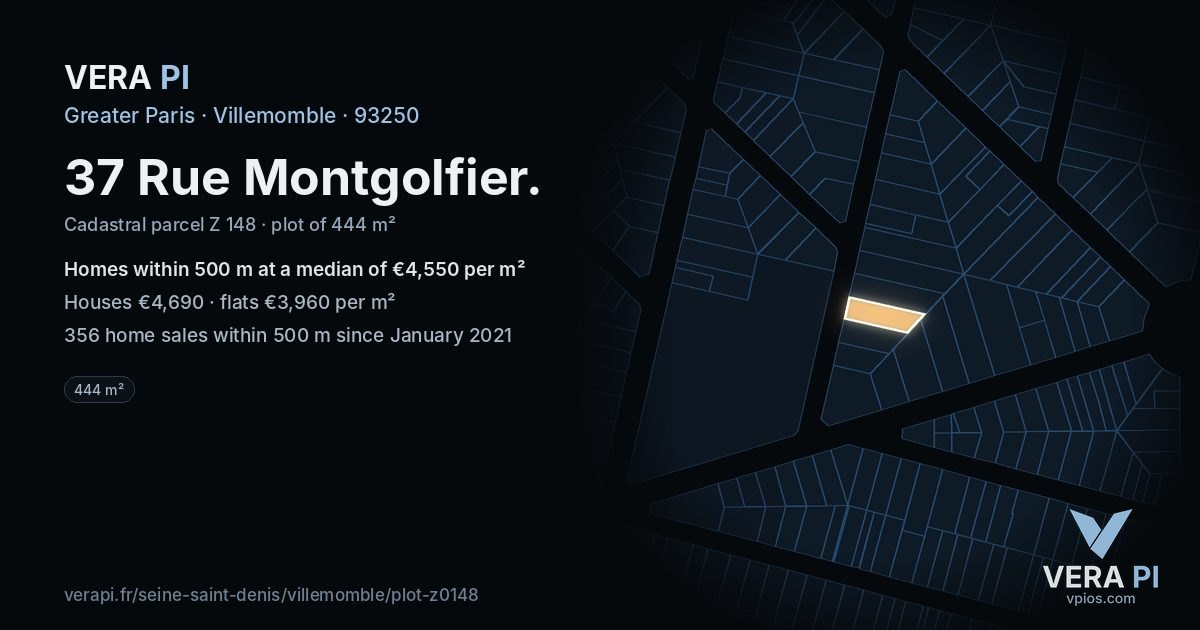 37 Rue Montgolfier, Villemomble at night – the plot lit, the parcels around coloured by the prices near them