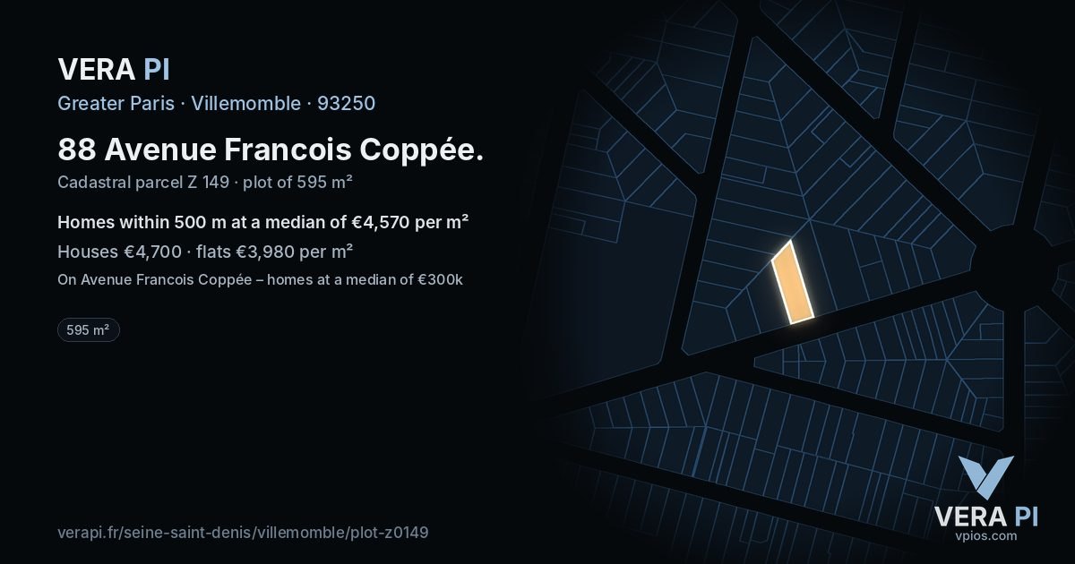 88 Avenue Francois Coppée, Villemomble at night – the plot lit, the parcels around coloured by the prices near them