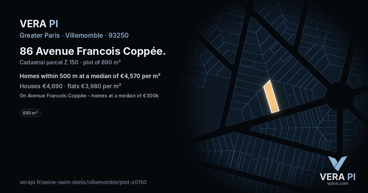 86 Avenue Francois Coppée, Villemomble at night – the plot lit, the parcels around coloured by the prices near them