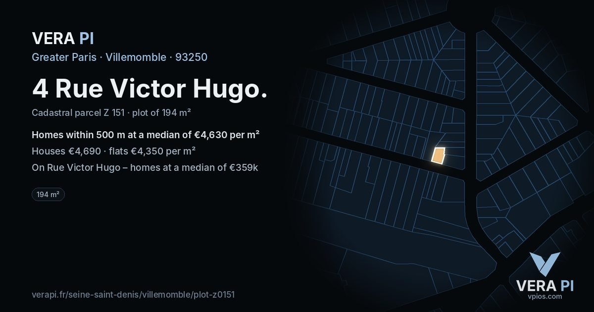 4 Rue Victor Hugo, Villemomble at night – the plot lit, the parcels around coloured by the prices near them