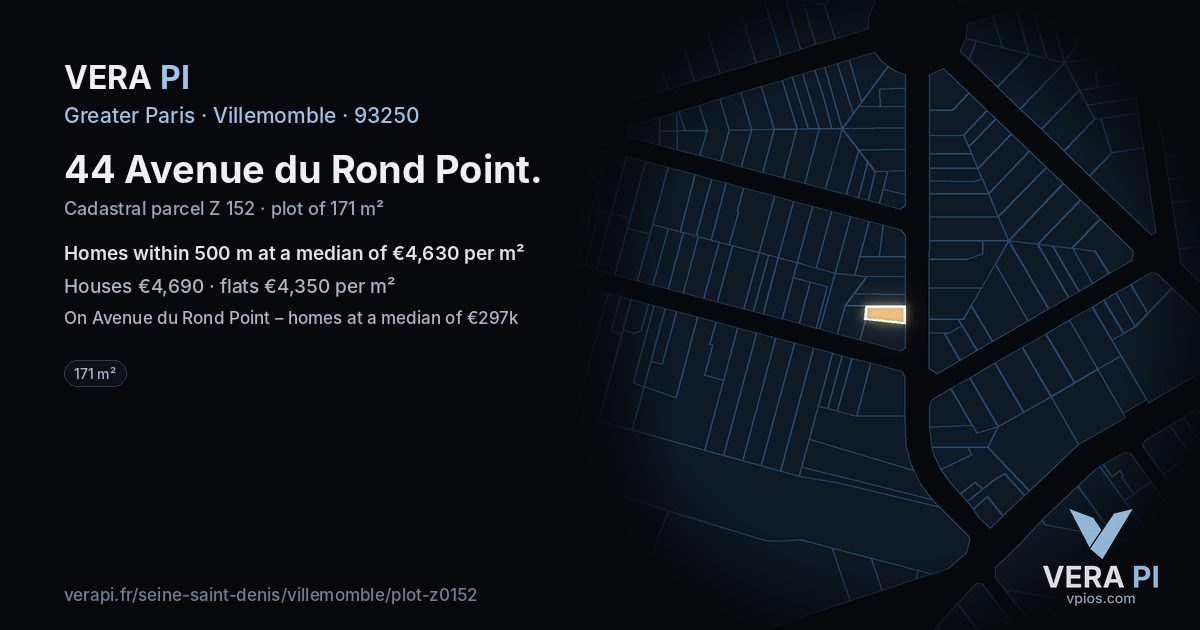 44 Avenue du Rond Point, Villemomble at night – the plot lit, the parcels around coloured by the prices near them