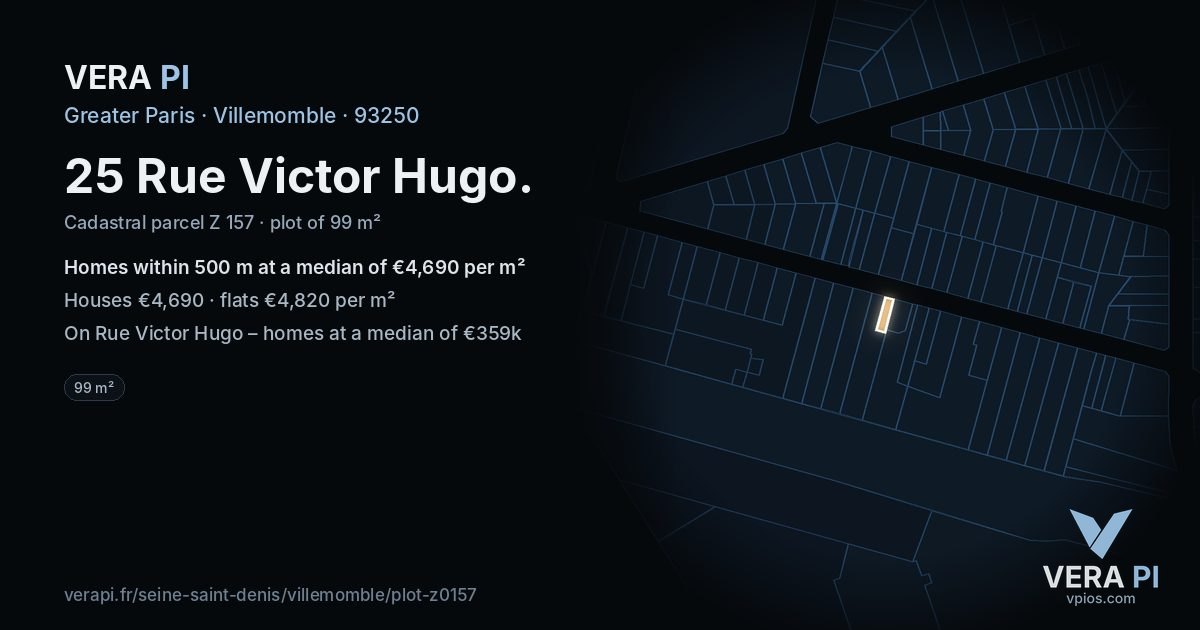 25 Rue Victor Hugo, Villemomble at night – the plot lit, the parcels around coloured by the prices near them