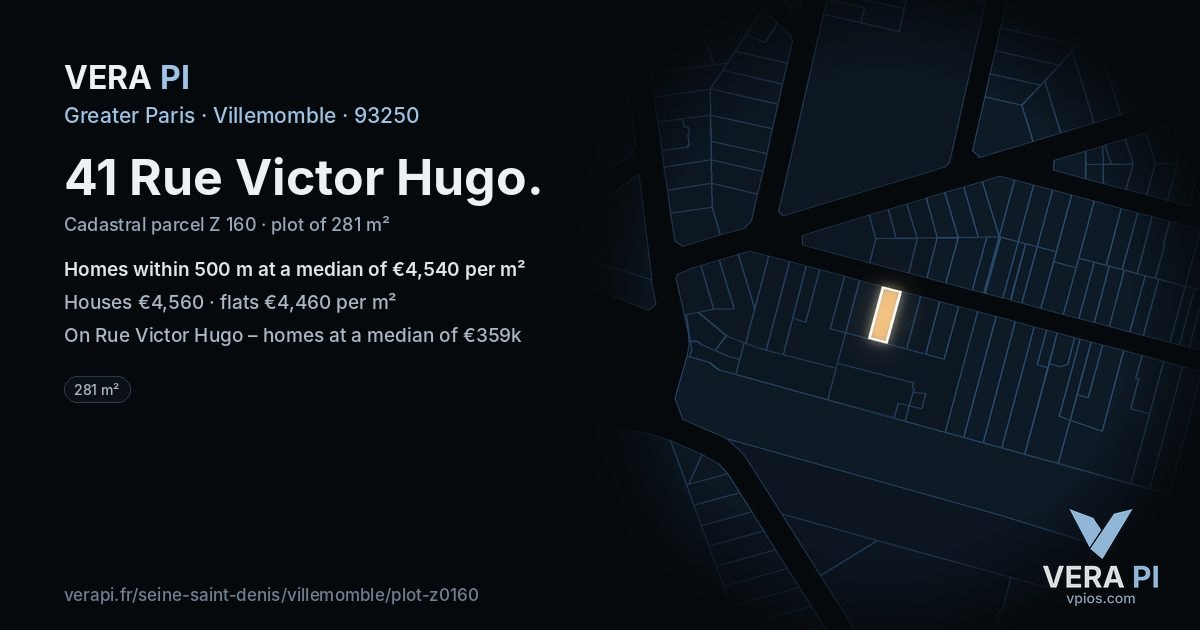 41 Rue Victor Hugo, Villemomble at night – the plot lit, the parcels around coloured by the prices near them