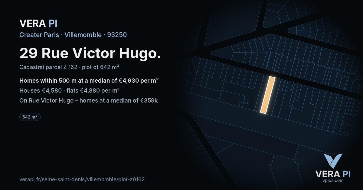 29 Rue Victor Hugo, Villemomble at night – the plot lit, the parcels around coloured by the prices near them