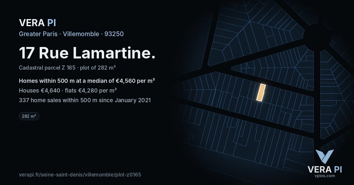 17 Rue Lamartine, Villemomble at night – the plot lit, the parcels around coloured by the prices near them