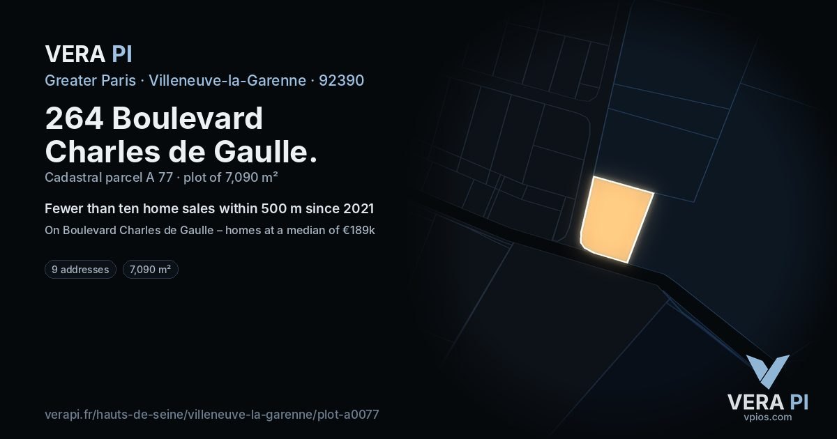 264 Boulevard Charles de Gaulle, Villeneuve-la-Garenne at night – the plot lit, the parcels around coloured by the prices near them